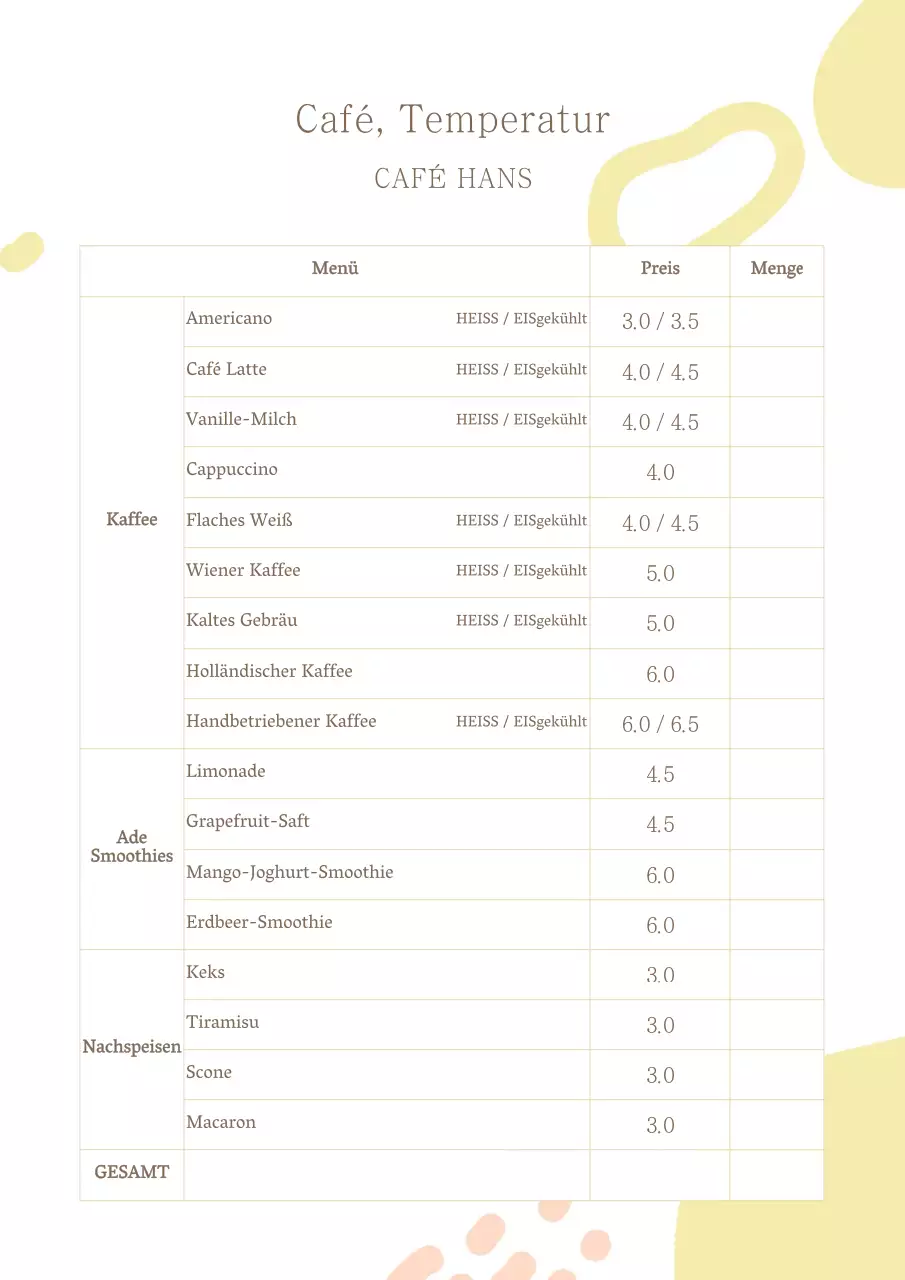 Formen Muster einfaches Cafe Getränkekarte