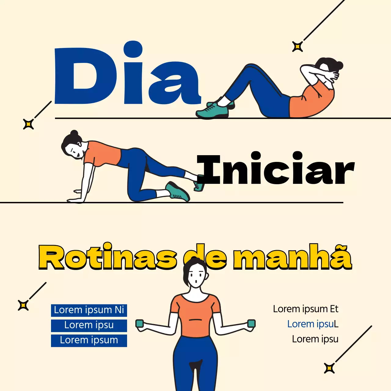 Pose de Pilates amarela e azul Explicações para as redes sociais