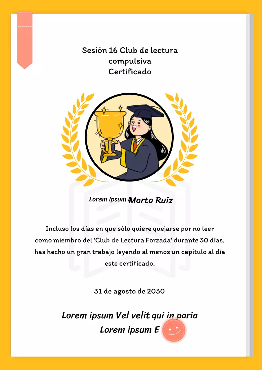 Un certificado amarillo por las actividades de divulgación del club de lectura