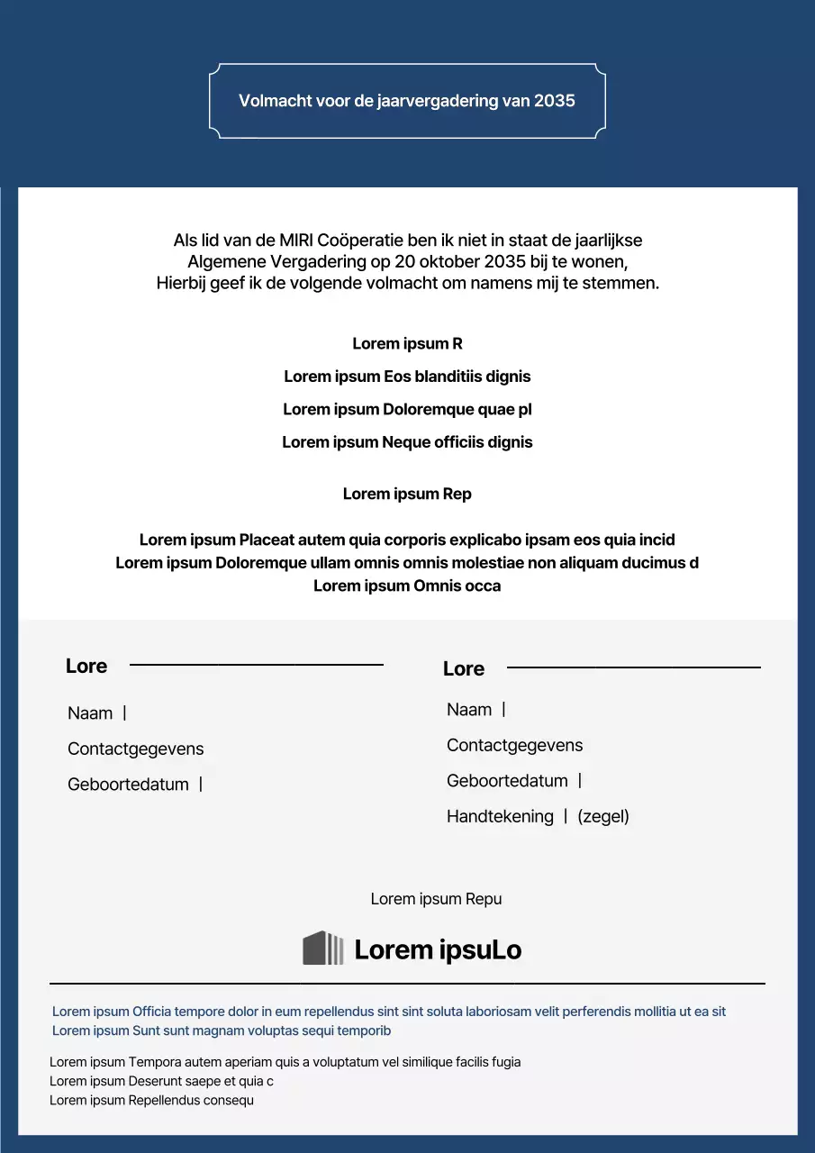Volmacht voor de Jaarlijkse Algemene Vergadering in blauw en grijs