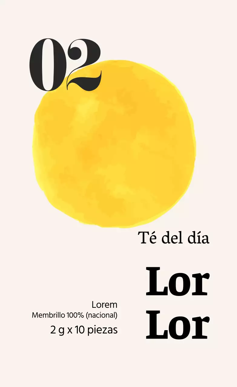 Etiqueta amarilla ilustrada de bolsita de té de café con membrillo
