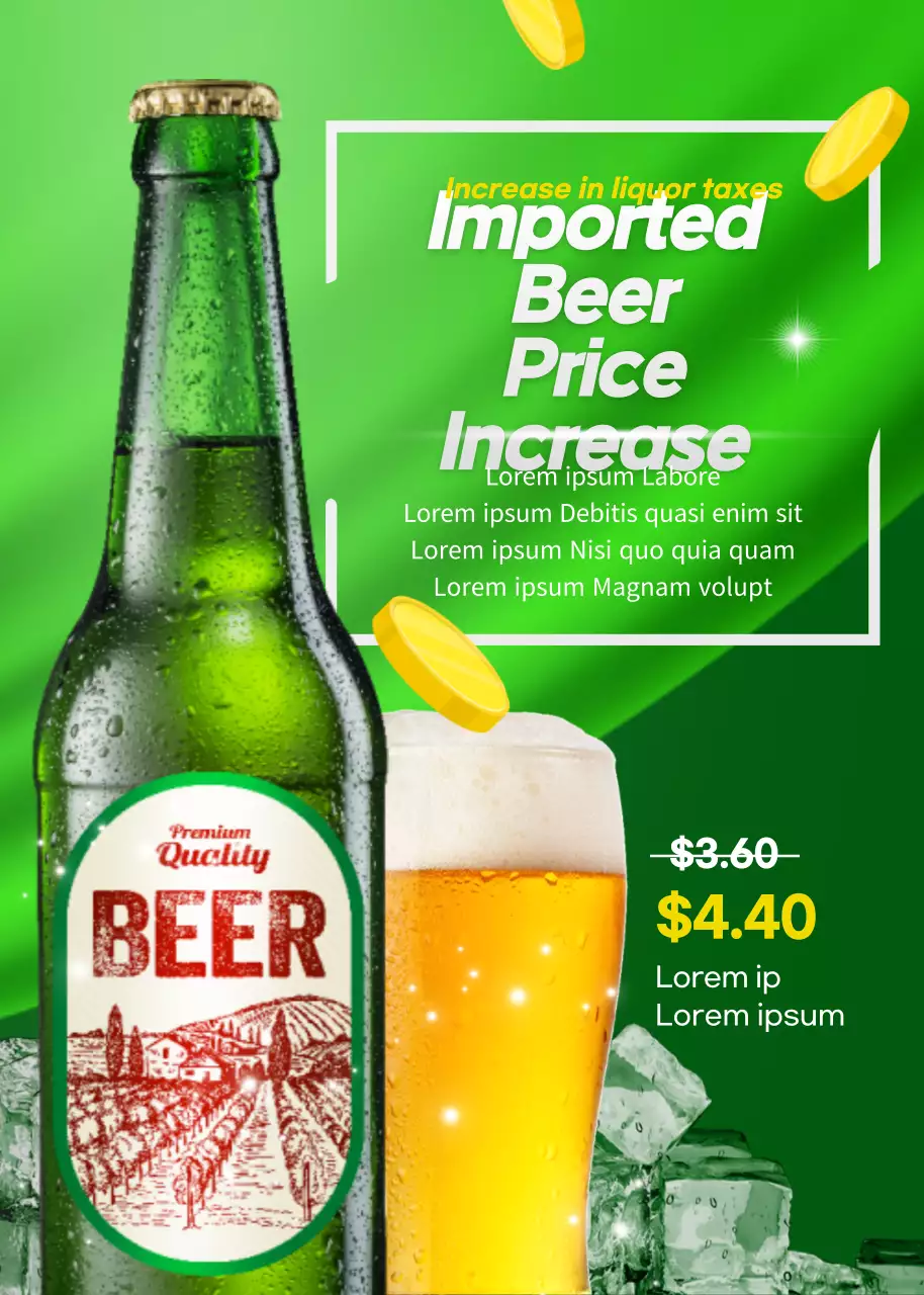 Green and yellow imported beer price increase announcement