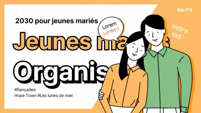 Illustration couleur abricot d'une vignette de jeunes mariés