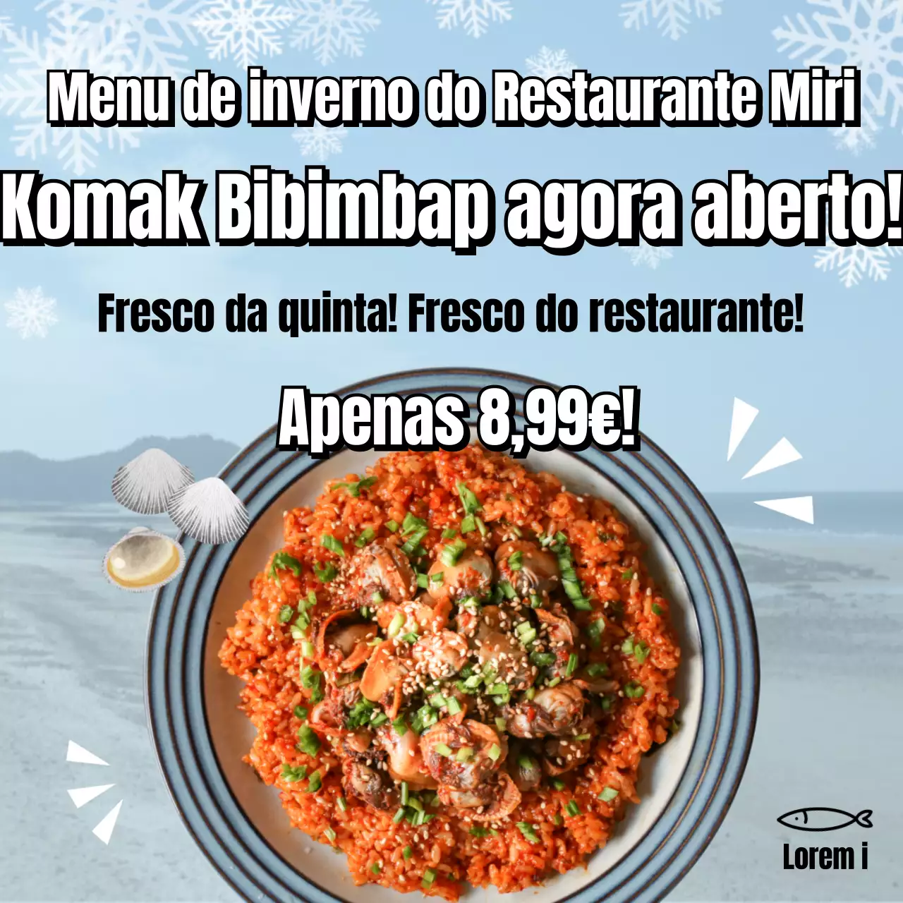 Menu sazonal de inverno com um conceito refrescante de mar de inverno, komak bibimbap