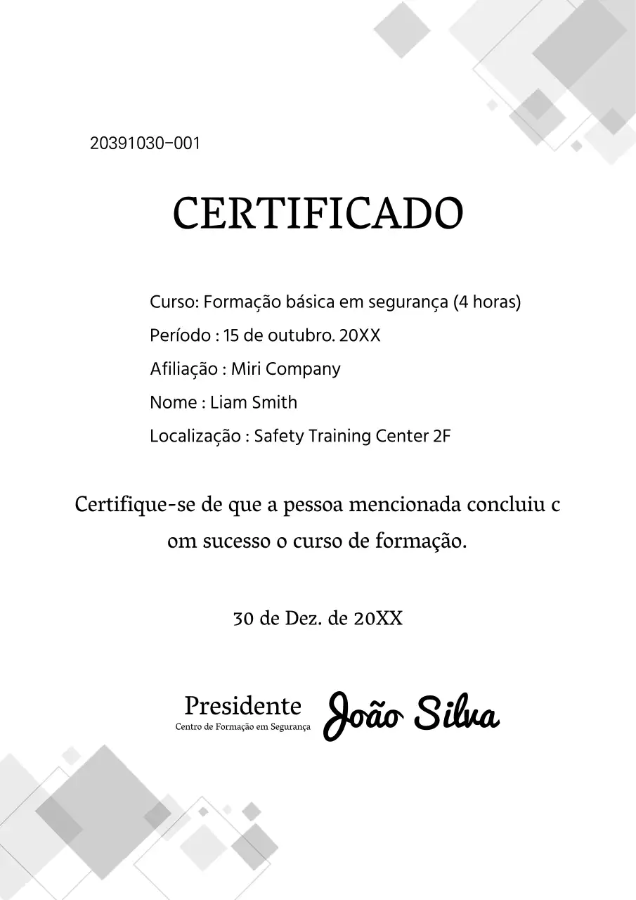 Certificado de formação em segurança no padrão cinzento Certificado de formação em gestão de elevadores