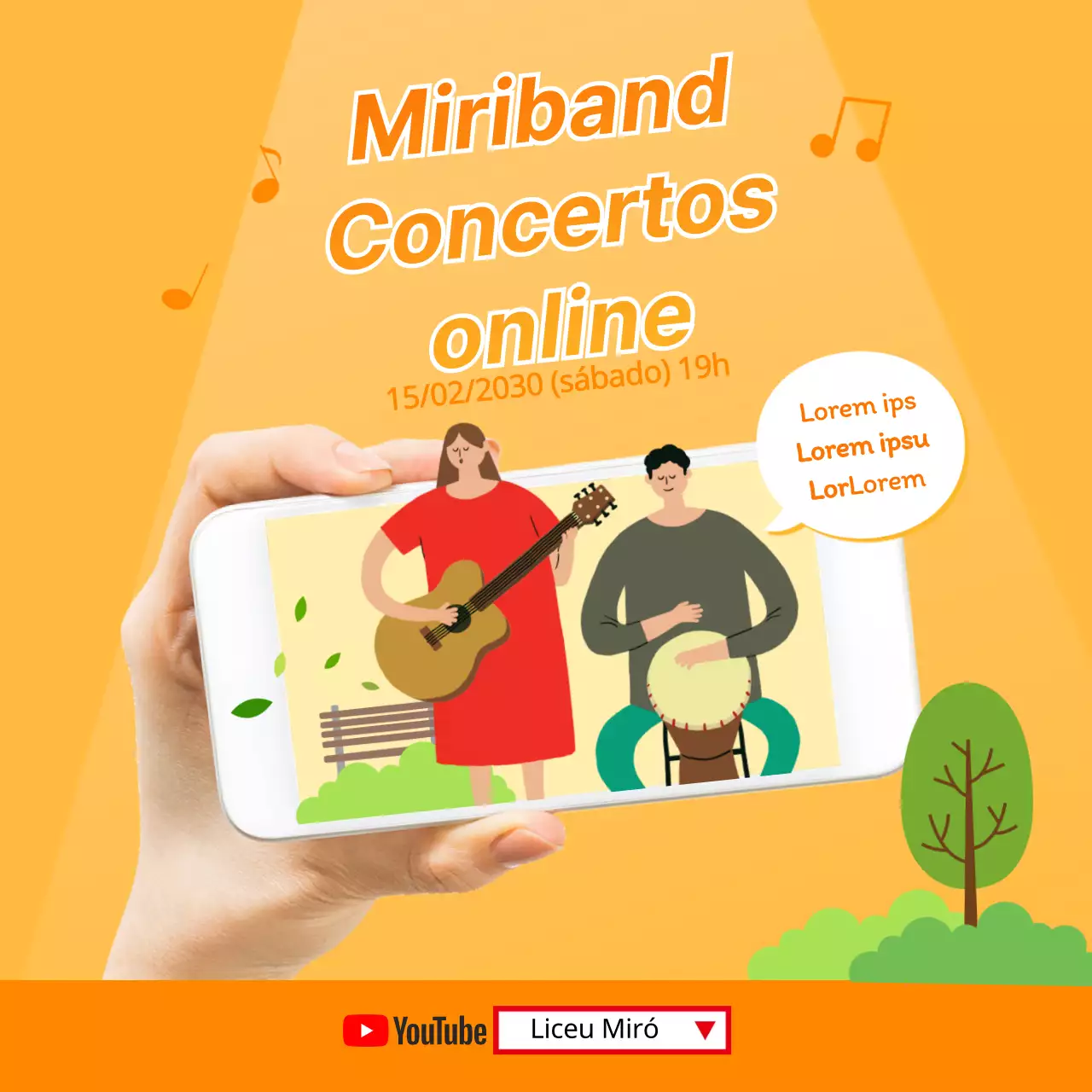 Concerto em linha de um clube de bandas com ilustrações em amarelo e laranja
