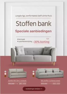Webposter die een uitverkoop van een moderne roze sofa promoot.