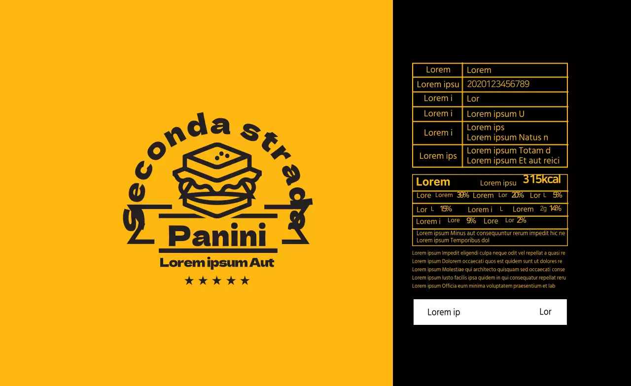 Etichette per alimenti illustrate gialle e nere per panini