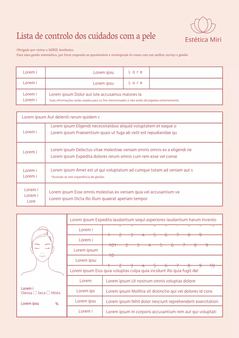 Skincare Checklist Questionário para esteticistas Documentos Hospitais