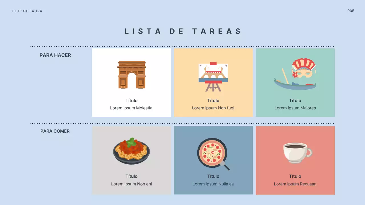 Itinerario con ilustraciones de los destinos europeos en azul claro