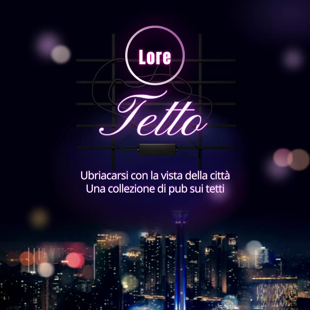 Una collezione di pub sui tetti con vista sui neon viola della notte