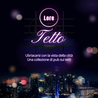 Una collezione di pub sui tetti con vista sui neon viola della notte