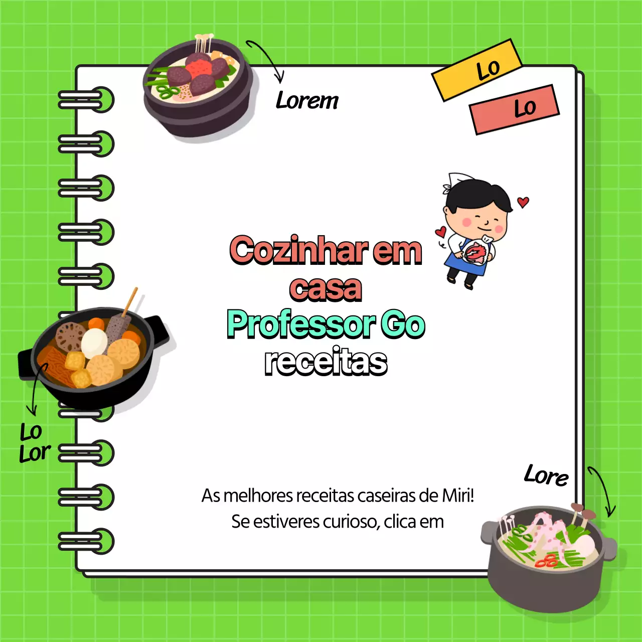 Eventos de receitas de culinária com um fundo chartreuse com ilustrações engraçadas