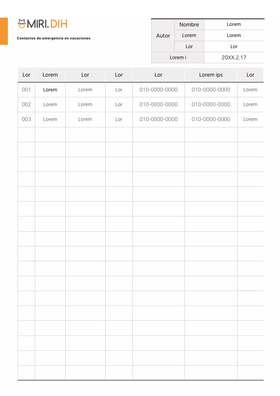 Documentación sencilla de la lista de contactos de emergencia en vacaciones