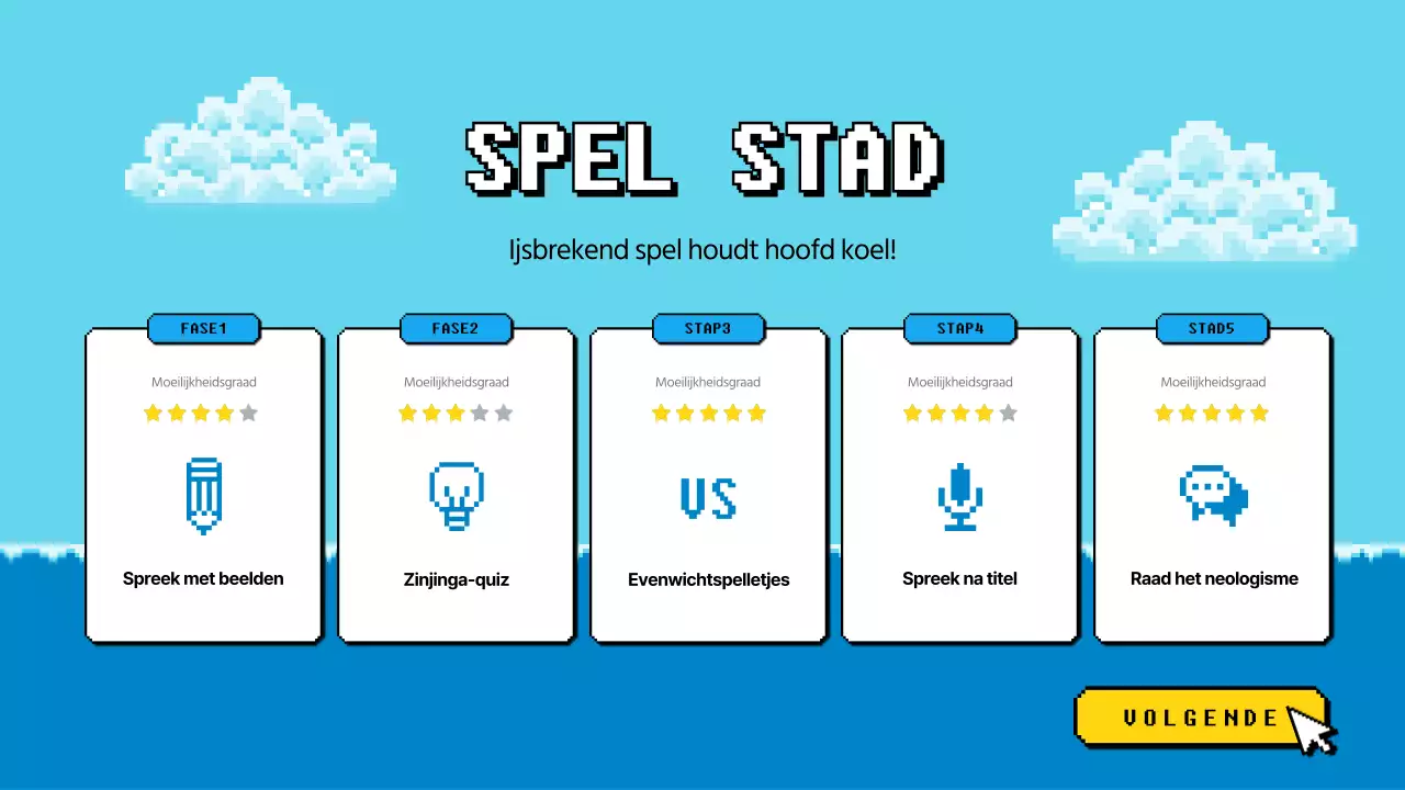 Workshop-quizspel met een blauw en geel korrelig gevoel