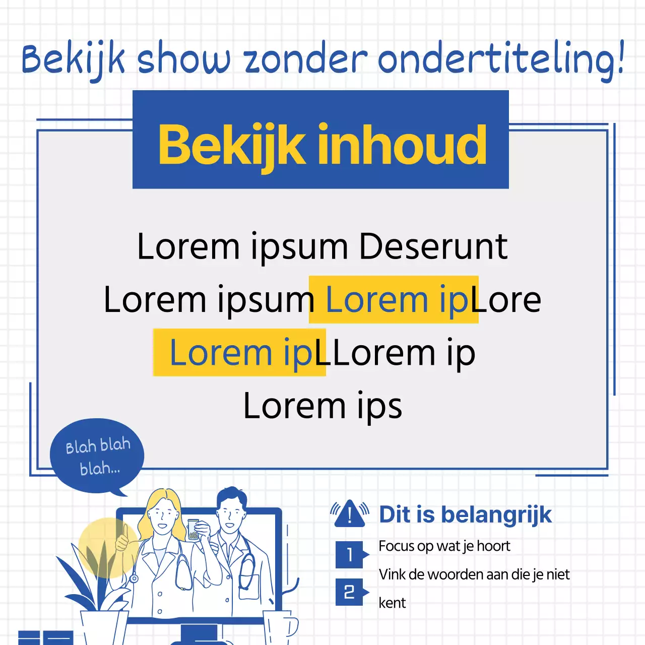 Eenvoudige lijnillustratie in geel en blauw om tips voor het leren van Engels te promoten