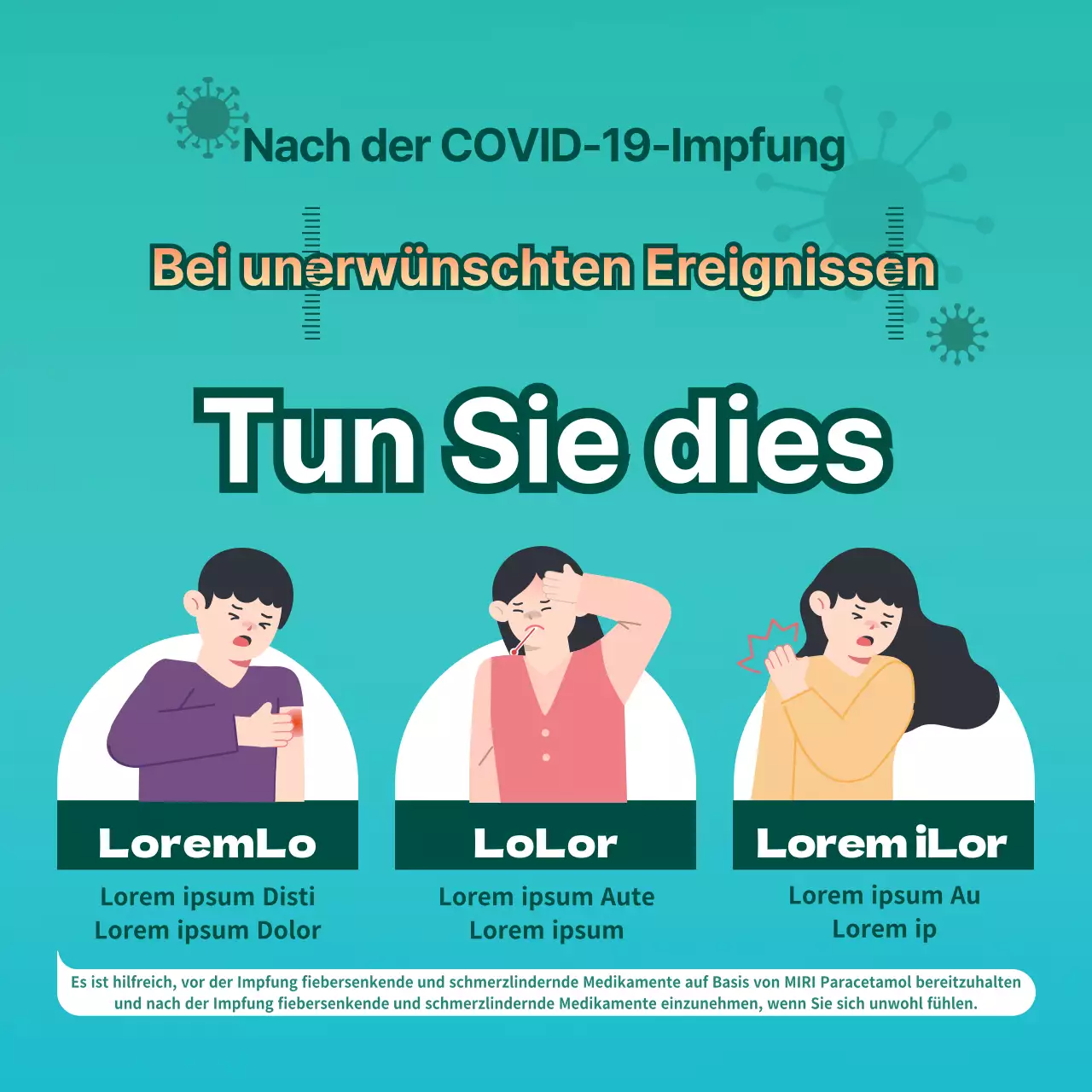 Illustrierte Hinweise auf Impfstoffnebenwirkungen mit kontrastierendem blauem Hintergrund und rotem Text