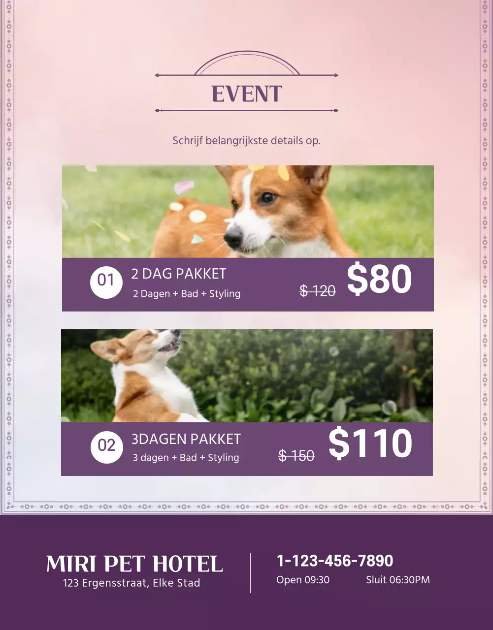 Promoot je dierenhotel in paars en roze