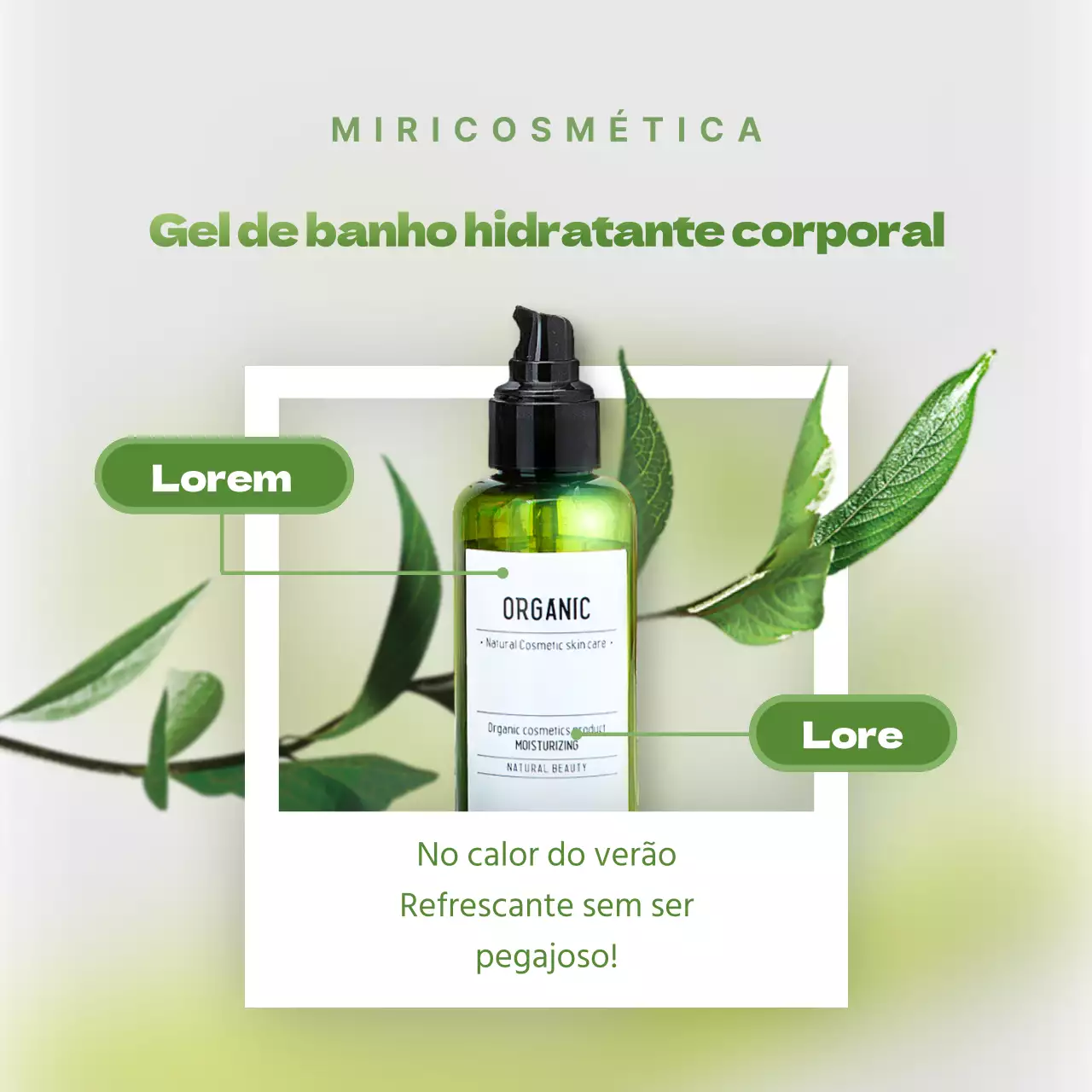 Anúncio de cosméticos para um gel de banho de verão verde e natural