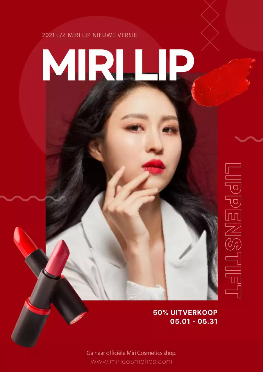 Lanceringspromotie voor de nieuwe lippenstift van een cosmeticamerk met een sterk rood frame.