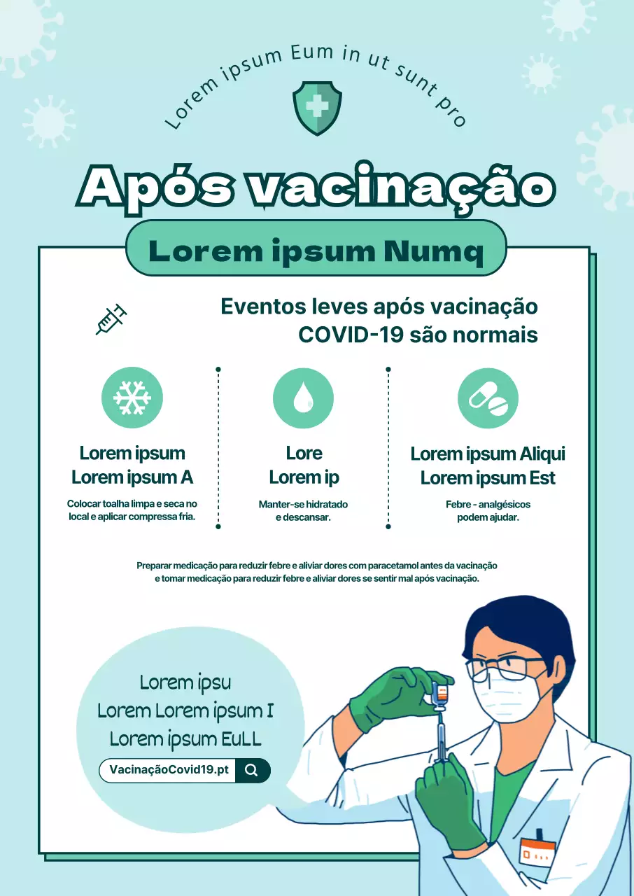 Instruções ilustradas de vacinação contra o coronavírus em azul claro e verde