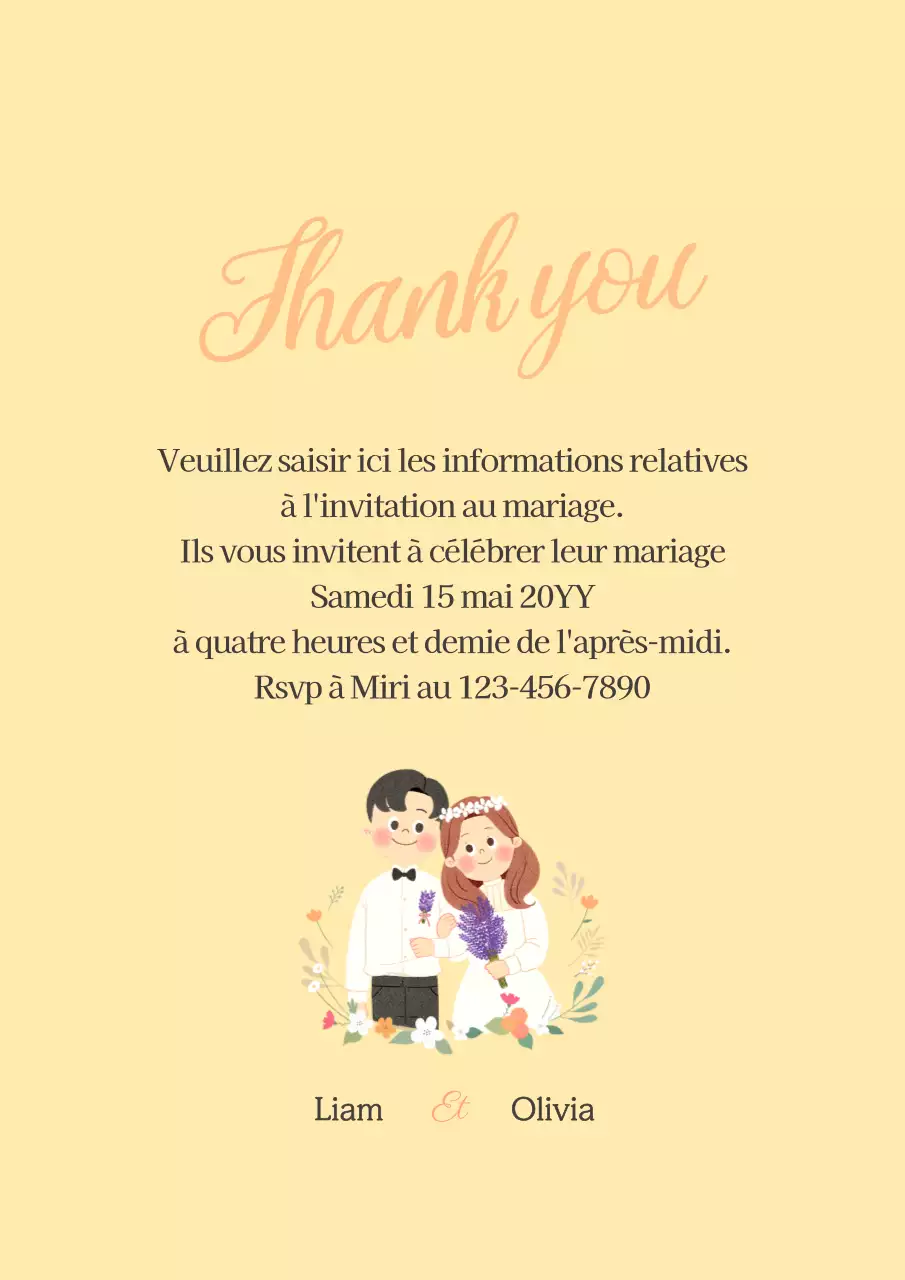 Carte postale d'invitation à un mariage jaune