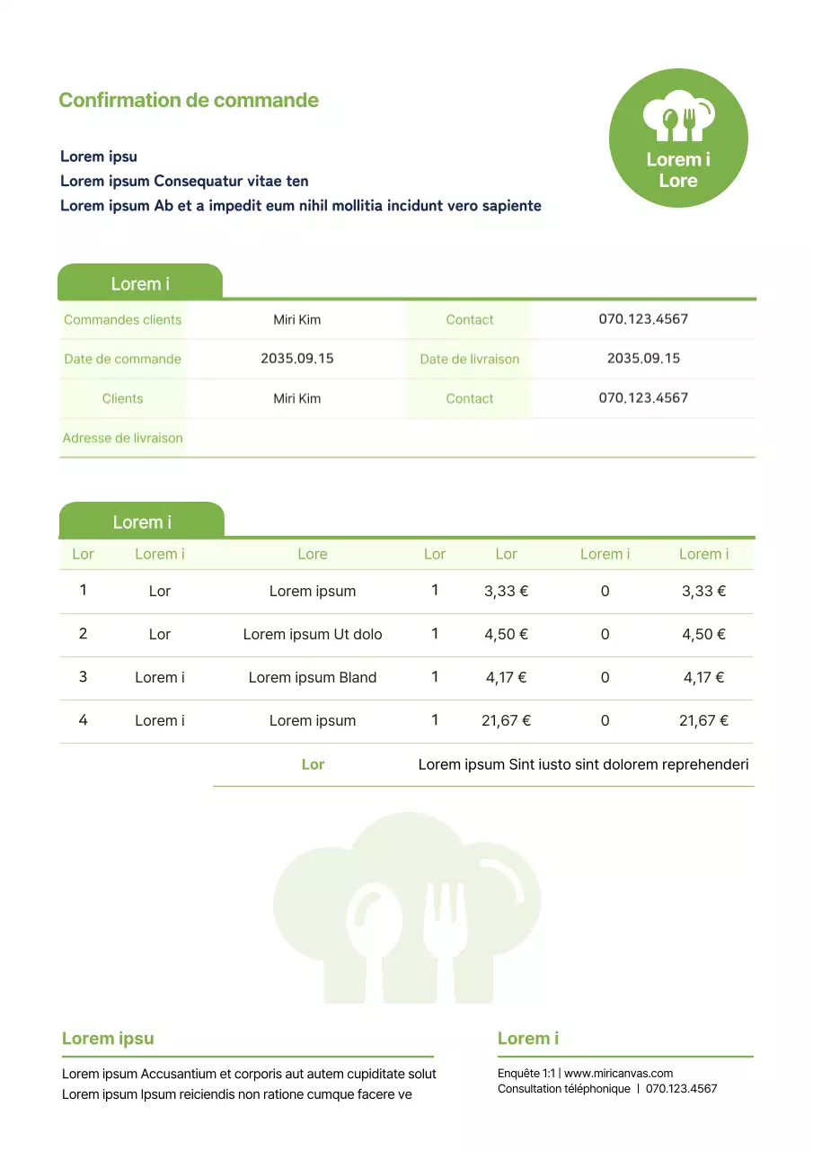Confirmation de commande de la part du centre commercial de plats d'accompagnement aux couleurs chartreuses