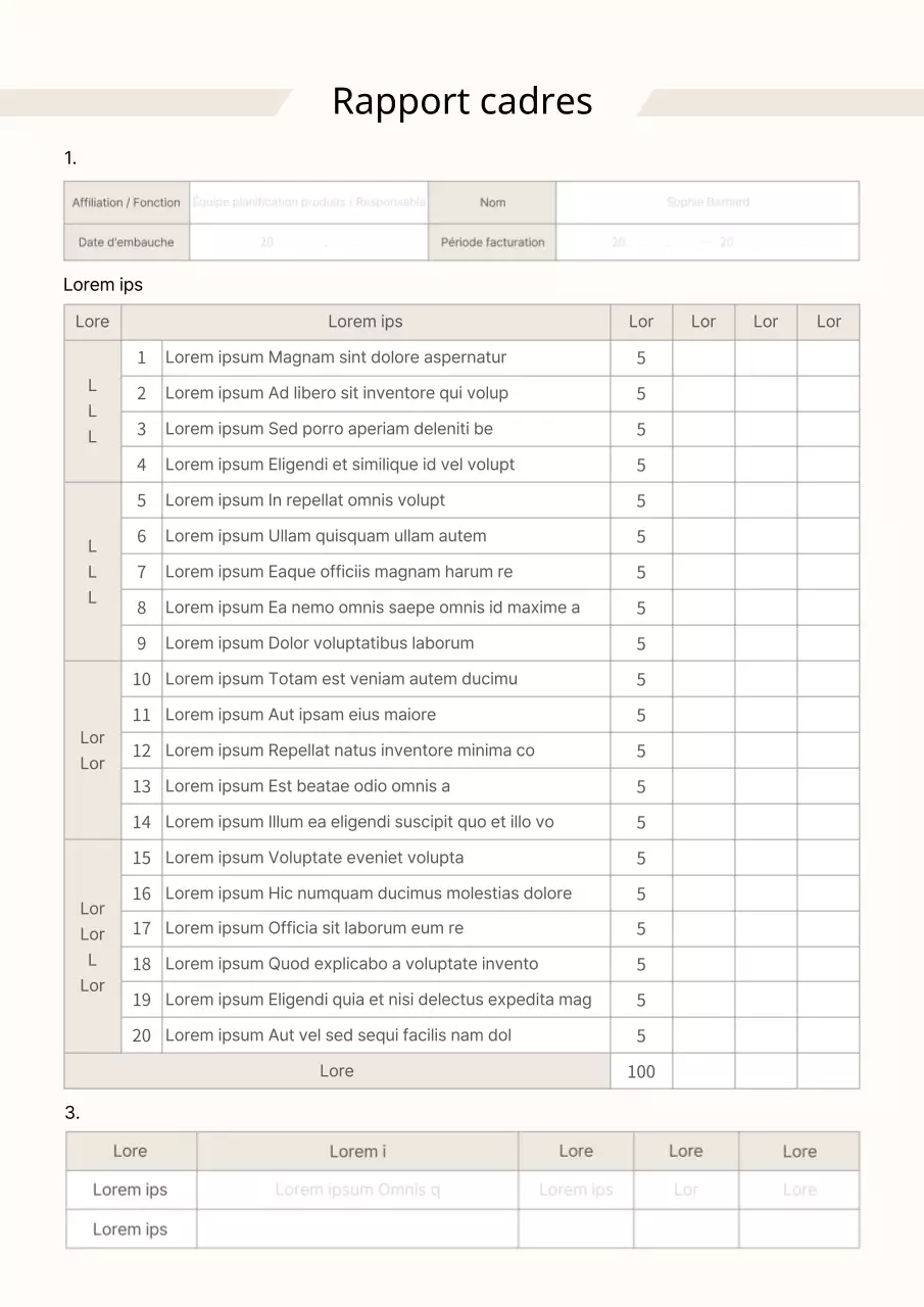 Éléments d'évaluation pour la feuille beige d'évaluation de la performance des cadres Fiche d'évaluation de la promotion