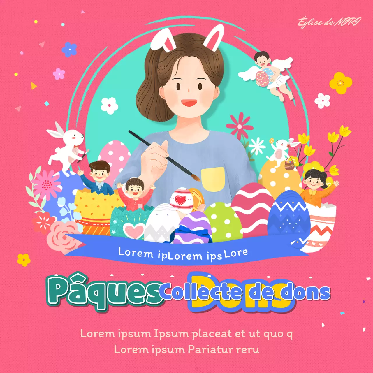 Les célébrations de Pâques sur les médias sociaux avec des illustrations mignonnes en rose et menthe.