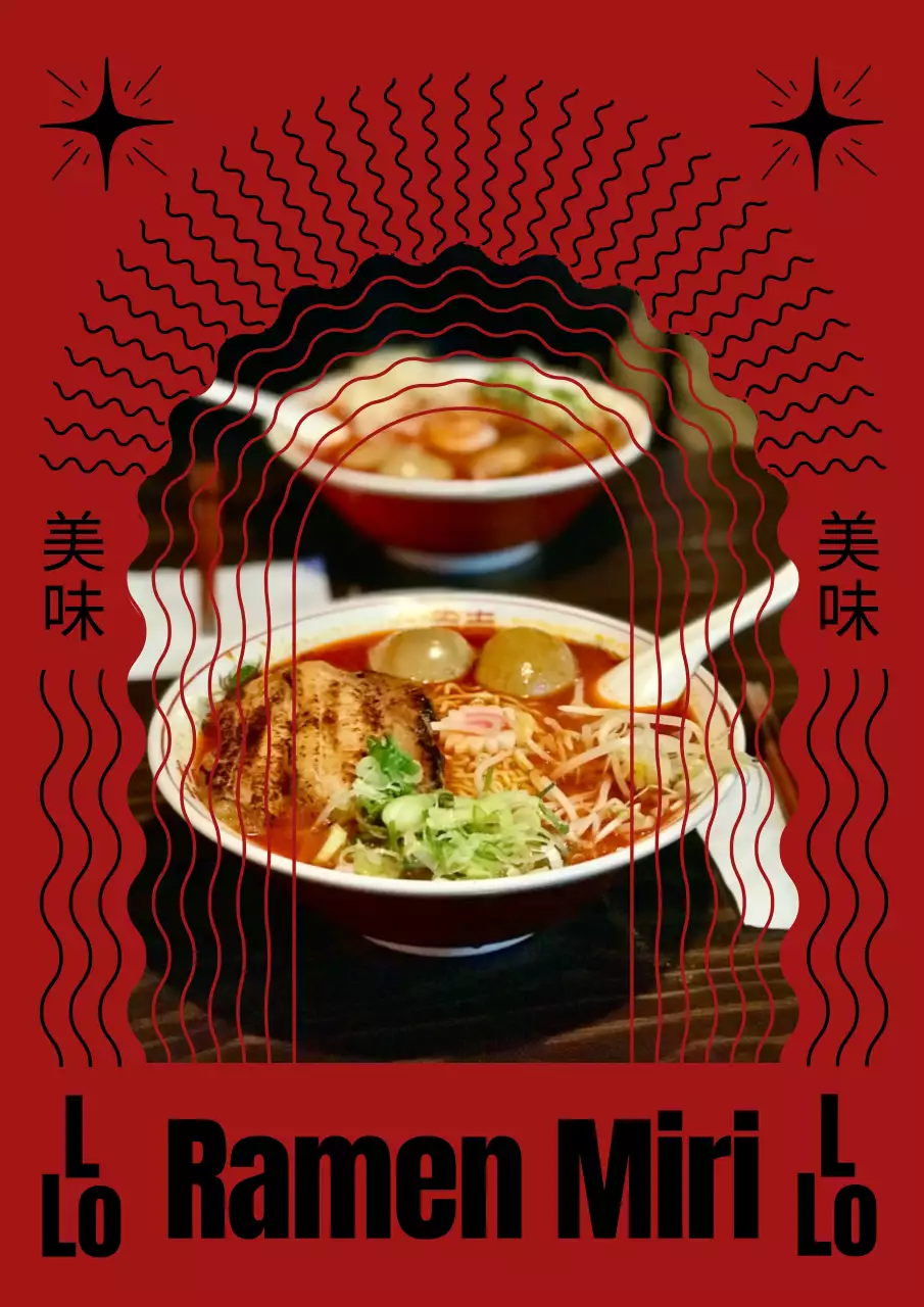 Cartel de restaurante de ramen con motivos orientales en rojo y negro