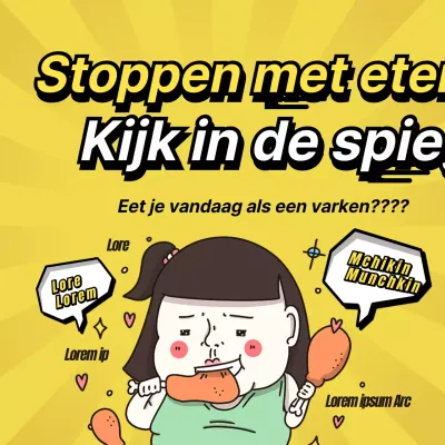 Een strakke, gele en zwarte promotionele afbeelding van een dieetmotiverend personage