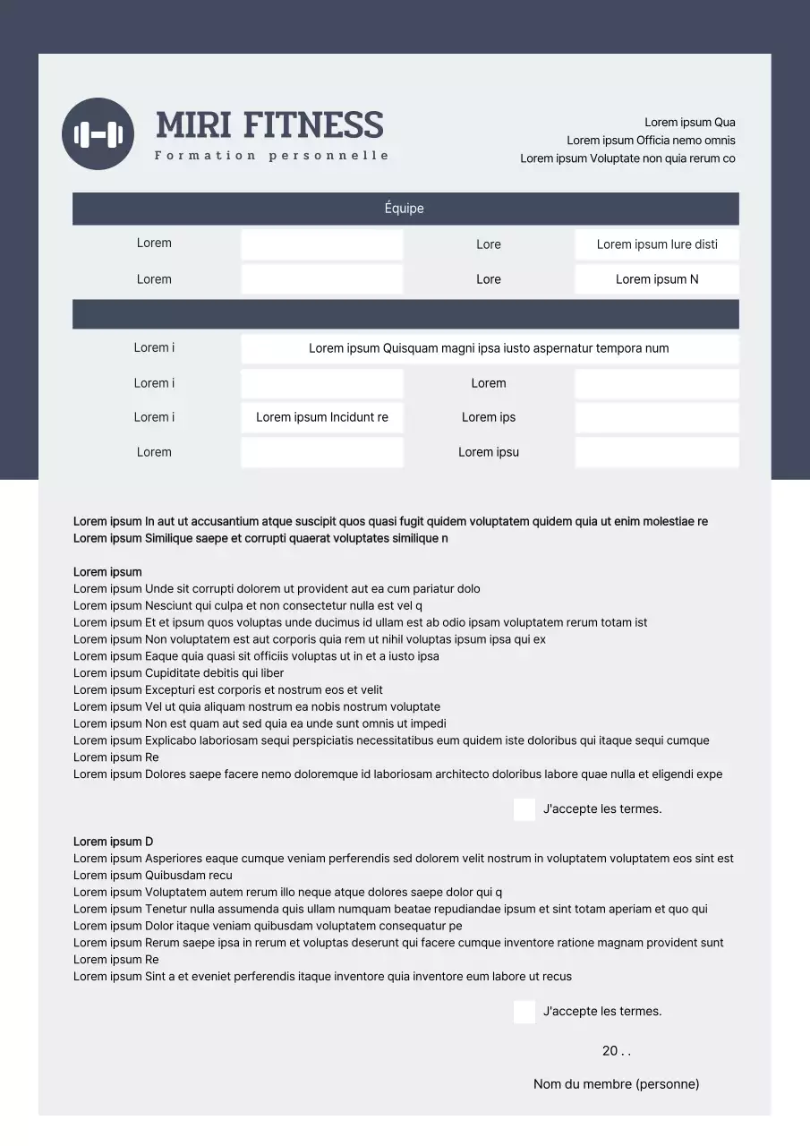 Le formulaire de demande d'adhésion au Grey Fitness