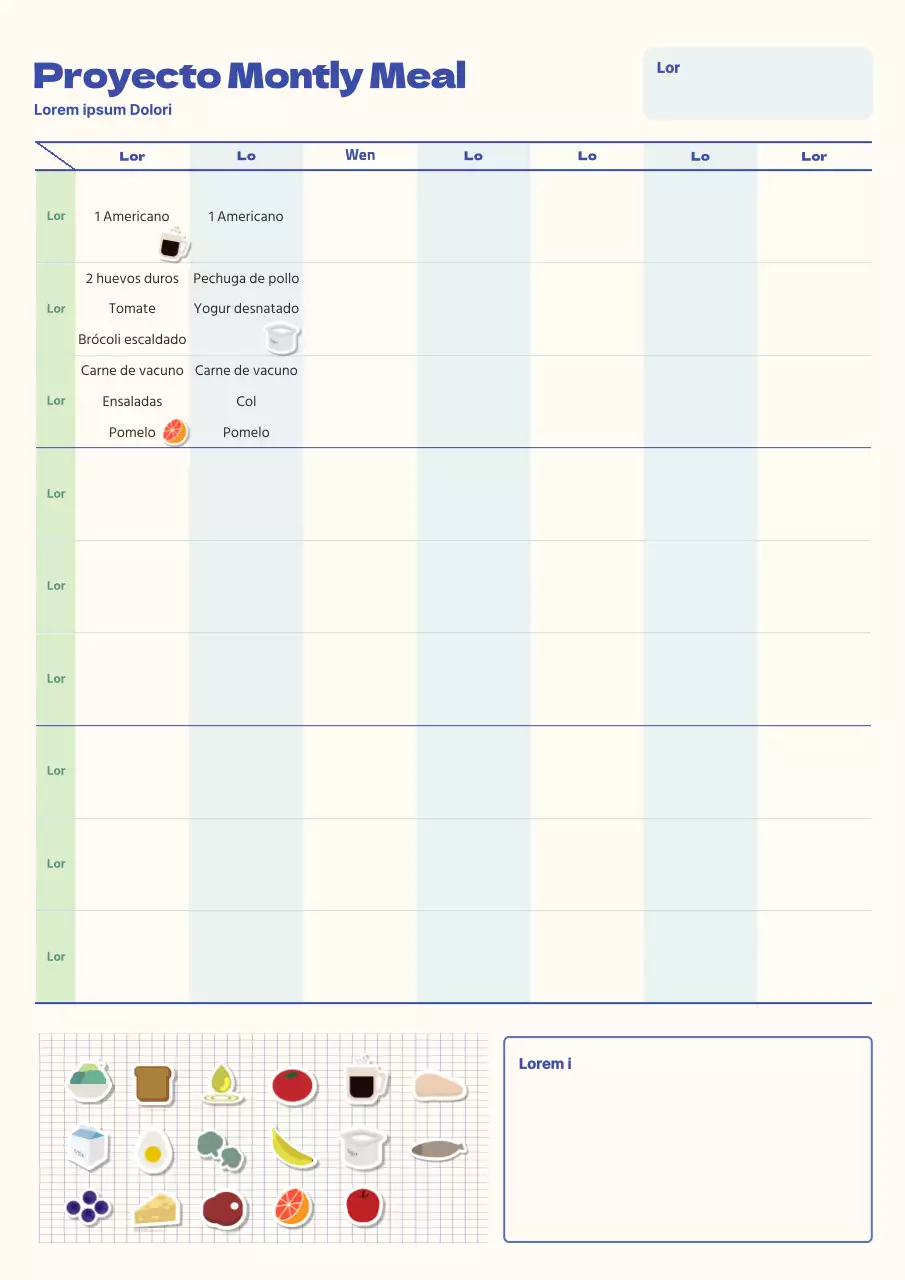 Un diario dietético básico en marfil y azul claro.