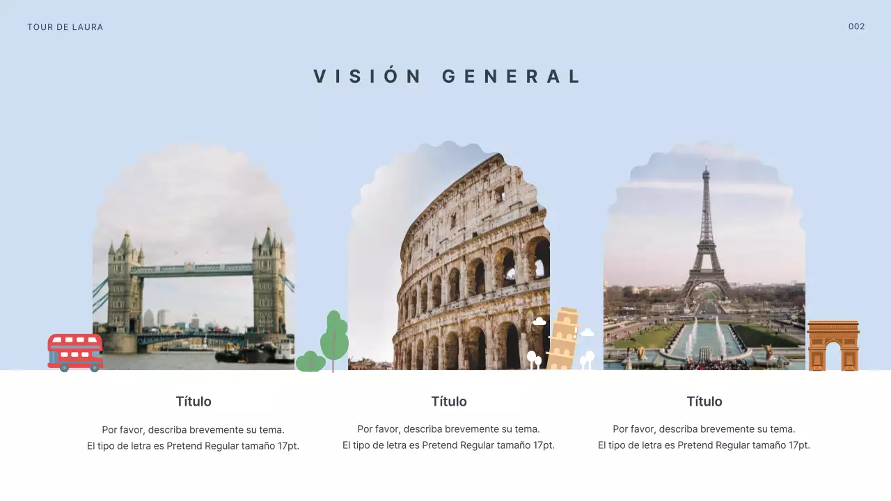 Itinerario con ilustraciones de los destinos europeos en azul claro