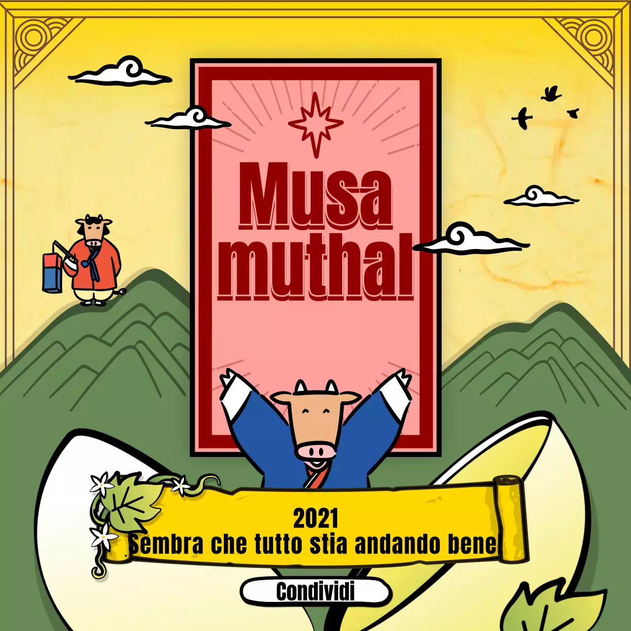 Cartomanzia di Capodanno con l'illustrazione del personaggio tradizionale della mucca gialla