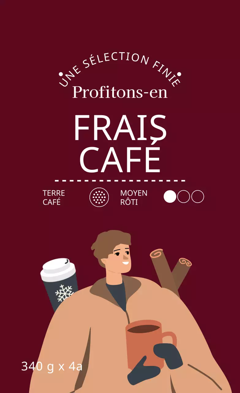 Étiquette d'emballage de grains de café illustrés en blanc et violet