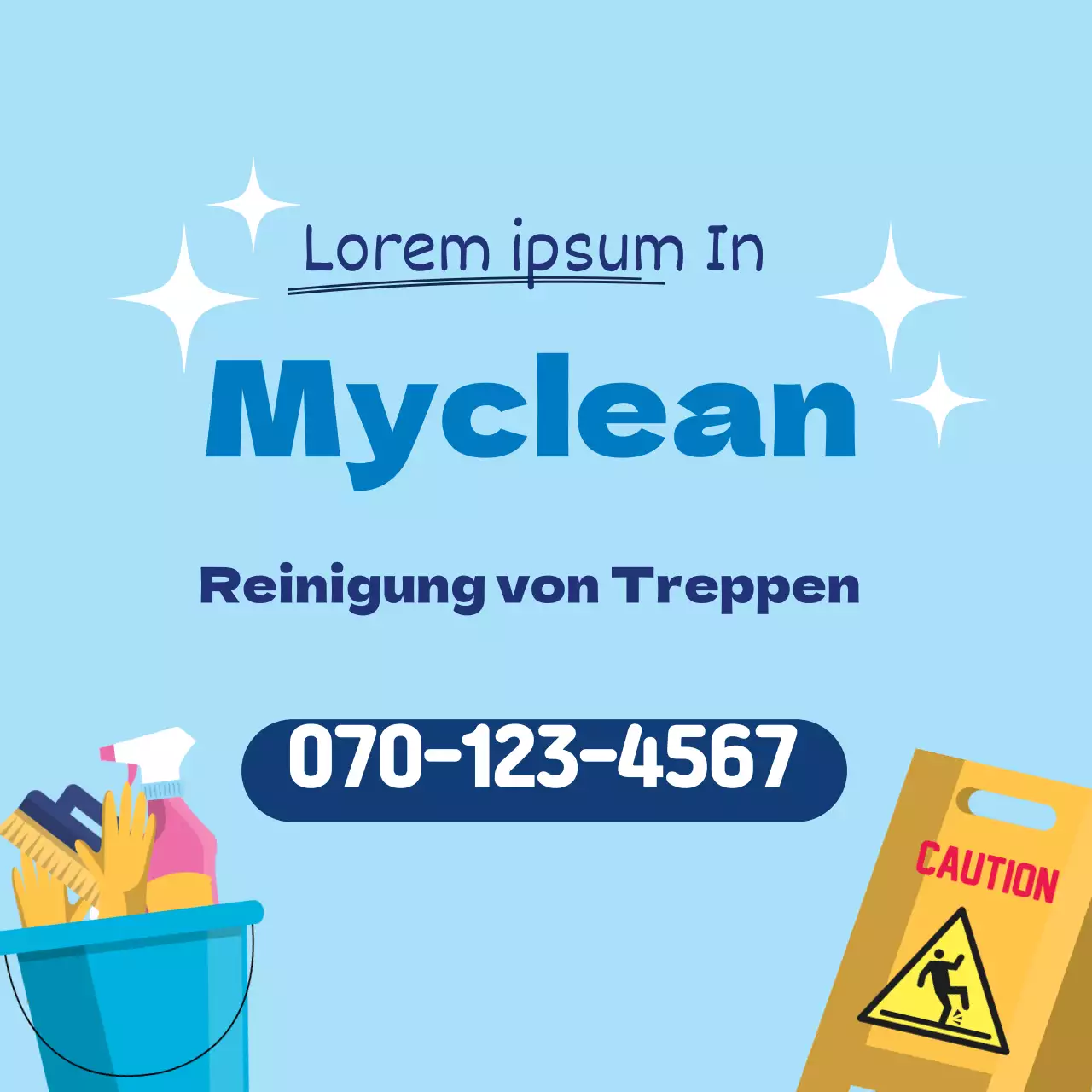 Blaue Illustration, die für einen sauberen Reinigungsdienst wirbt