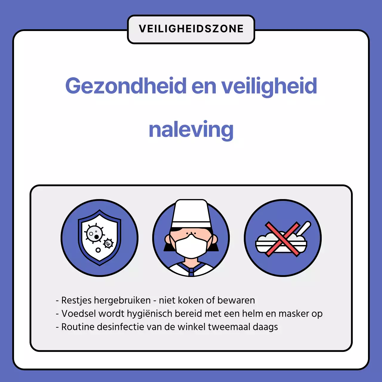 Blauw bord voor naleving van gezondheids- en veiligheidsvoorschriften in restaurants