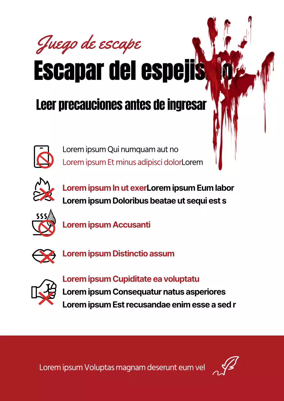 Rojo, terrorífico concepto de juego de escape cartel de precaución