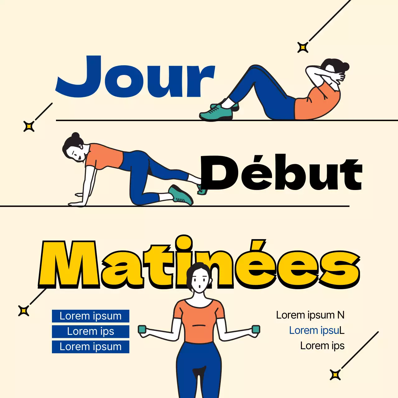 Pose Pilates jaune et bleue Explications des médias sociaux