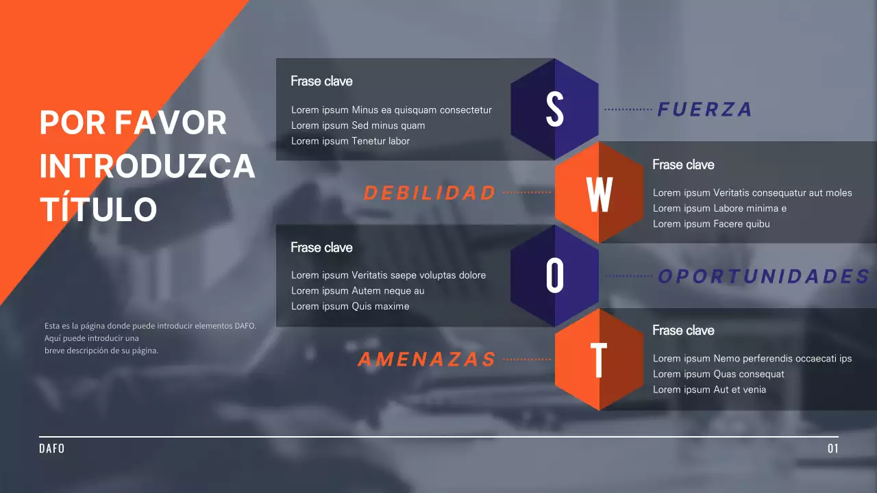 Infografía DAFO en tonos naranja y azul