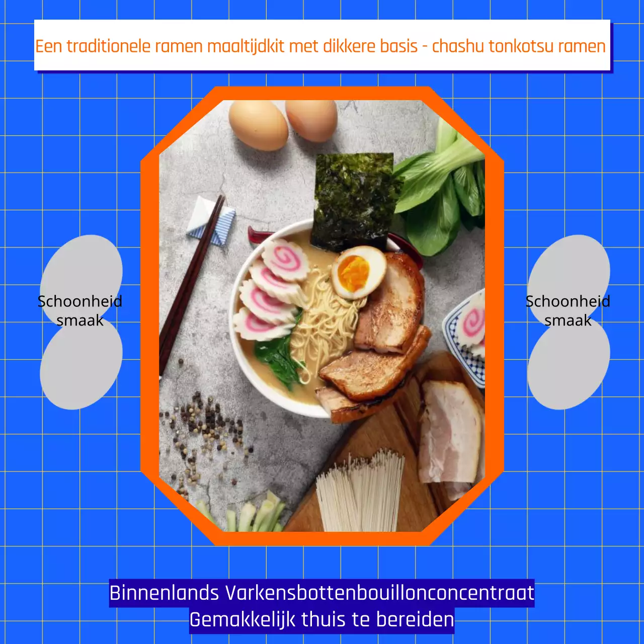 Promoot retro ramen maaltijdpakketten in blauw en oranje