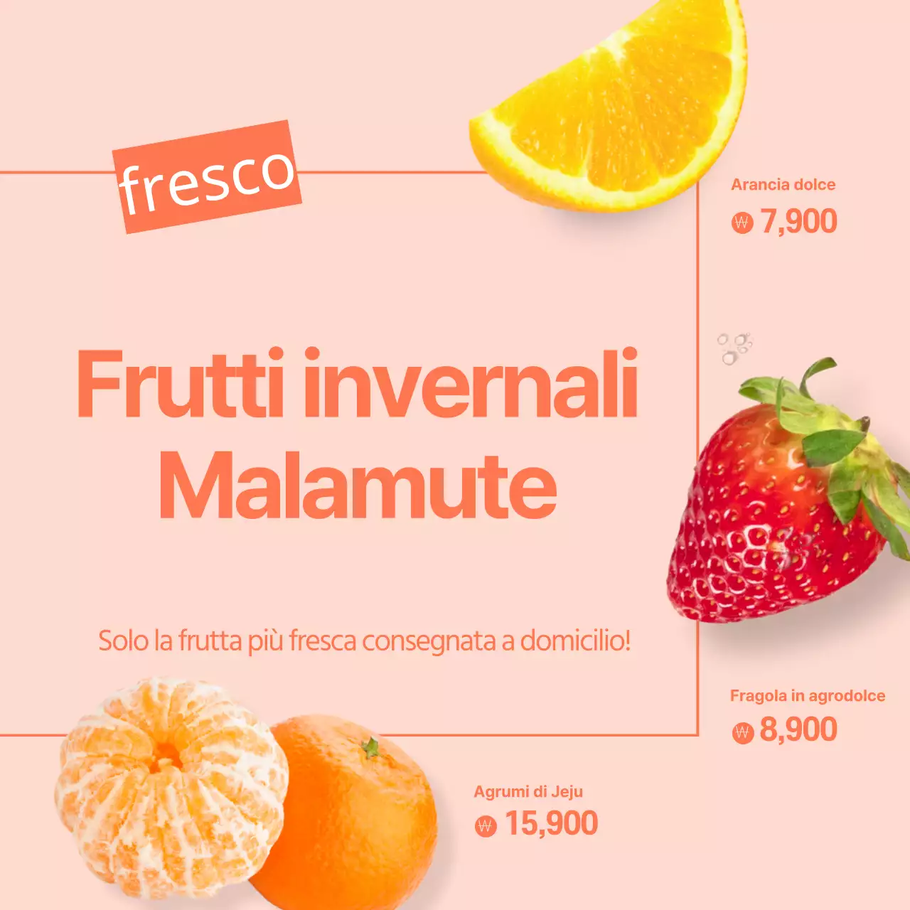Evento di consegna di frutta fresca invernale con sfondo arancione