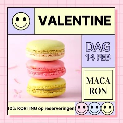 Valentijnsdag macaron korting met levendige roze glimlach onregelmatig tafelconcept