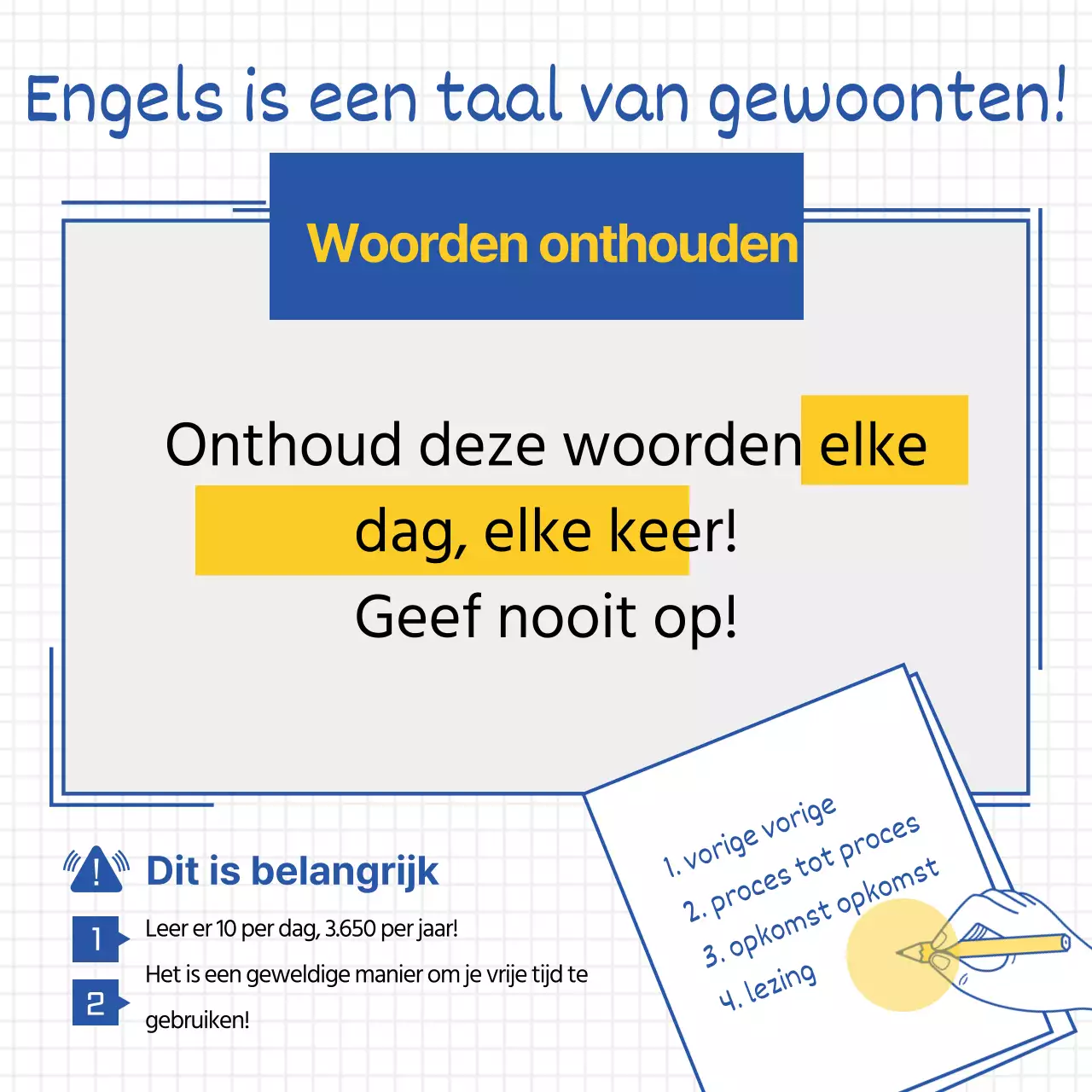 Eenvoudige lijnillustratie in geel en blauw om tips voor het leren van Engels te promoten