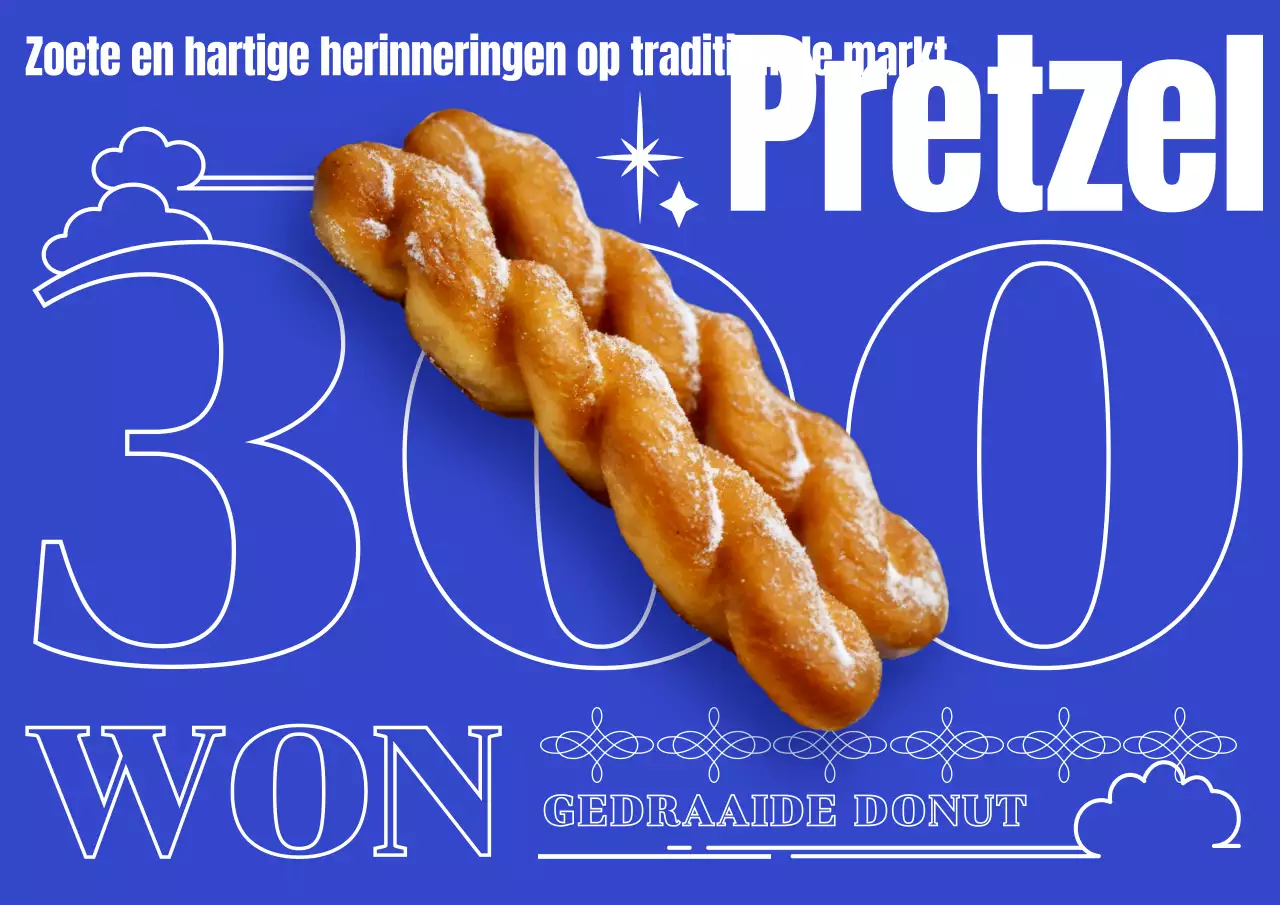 Een straatsnackposter met typografie en een foto van een krakeling in primair blauw.