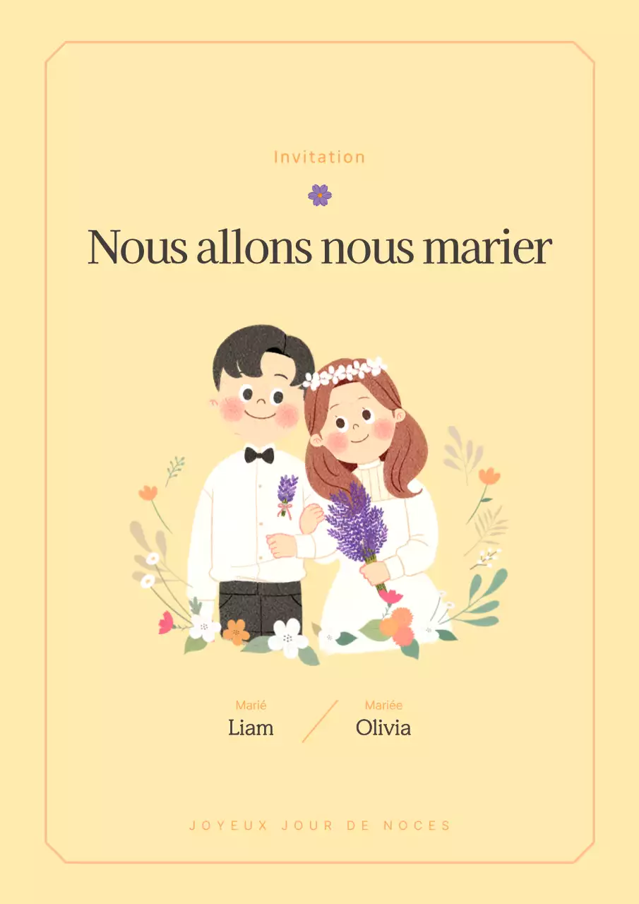 Carte postale d'invitation à un mariage jaune