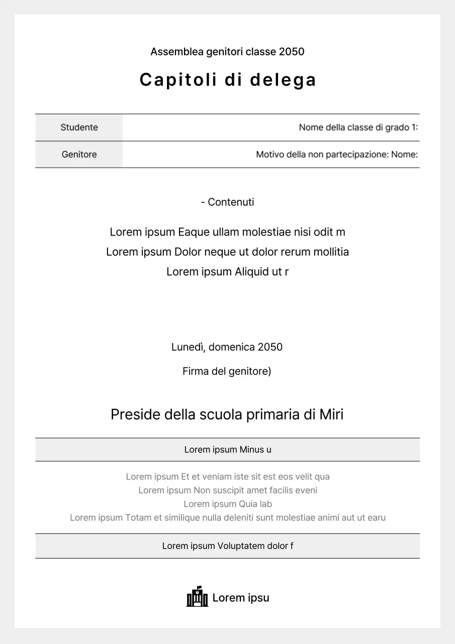 Documento di delega dell'organo direttivo dei genitori con sfondo grigio