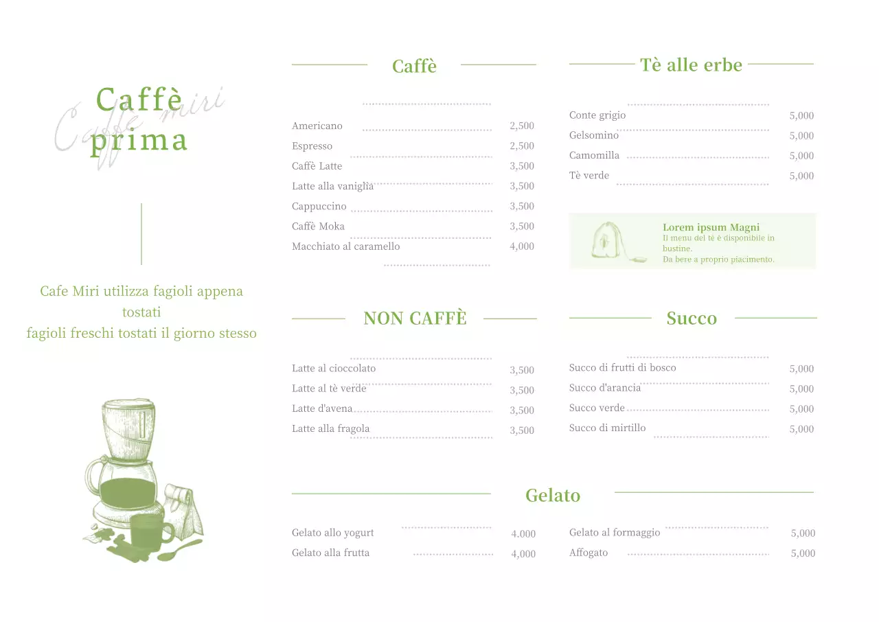 Bianco e verde lime penna illustrazione di un caffè menu poster orizzontale