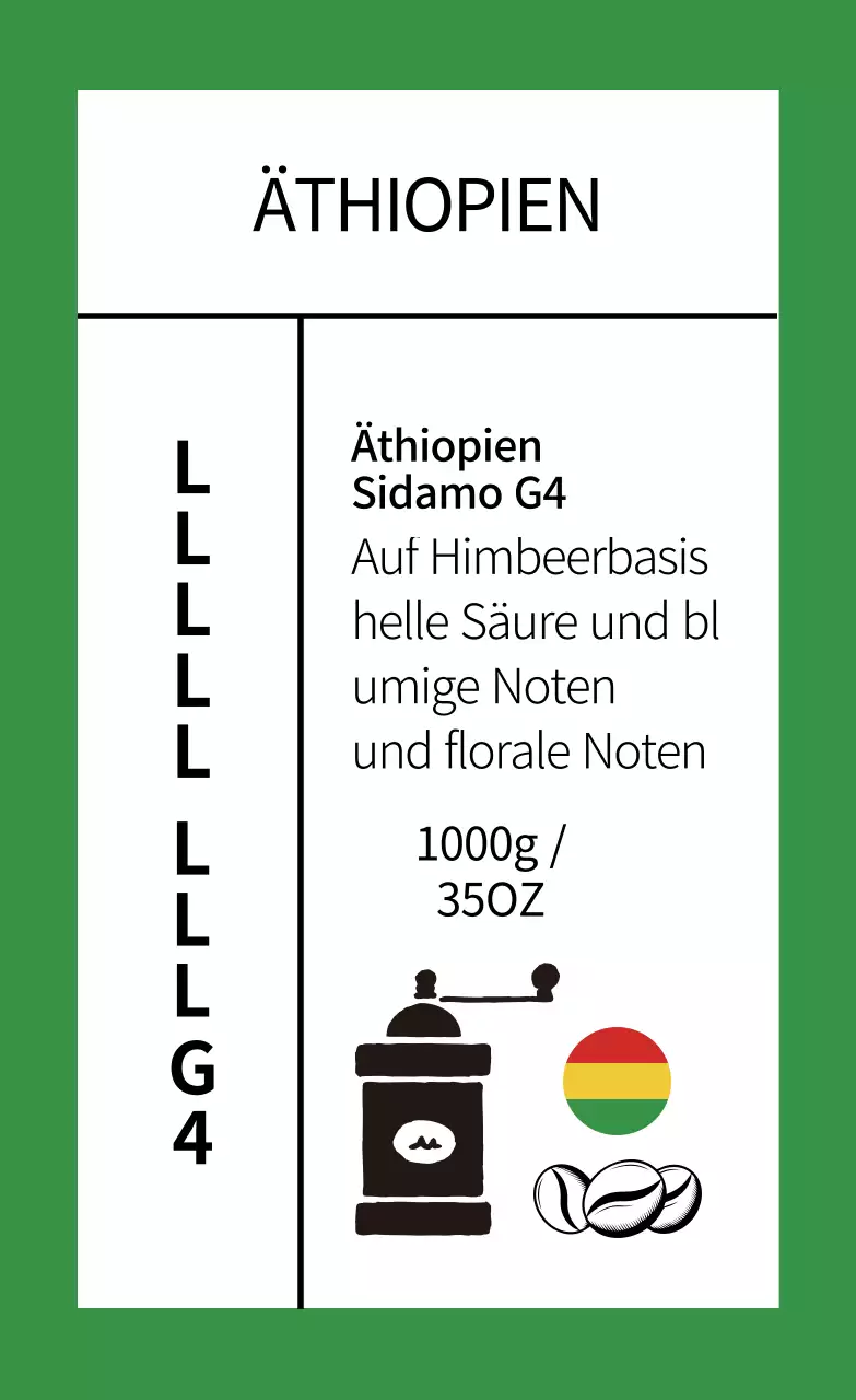 Sauberes Kaffeebohnen-Etikett mit grüner Illustration